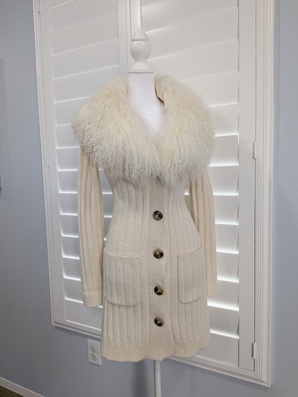 Michael Kors Cream Color Cardigan With Genuine Mongolian Fur Collar